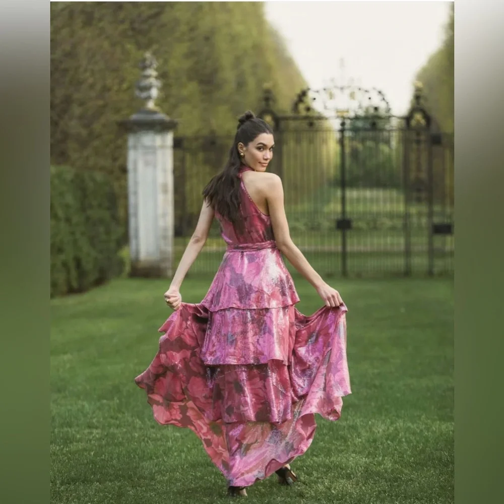 HUTCH Paige Sleeveless Halter Sequin Printed Tiered Wrap Maxi Dress - Picture 6 of 8